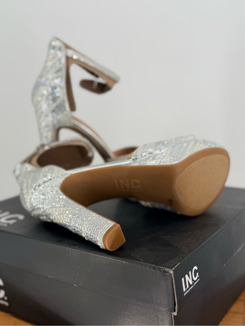 New INC Silver Crystal Platform Ankle Strap Heels - Women SIZE 8 - Picture 5 of 6